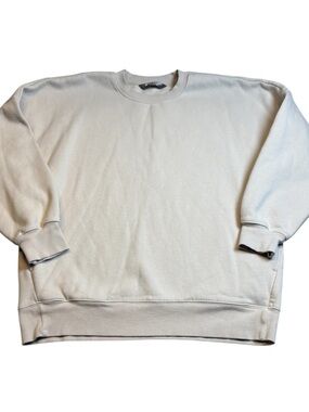Tuff Athletics Tan Beige Fleece Crewneck Sweatshirt Side Pockets Medium GUC